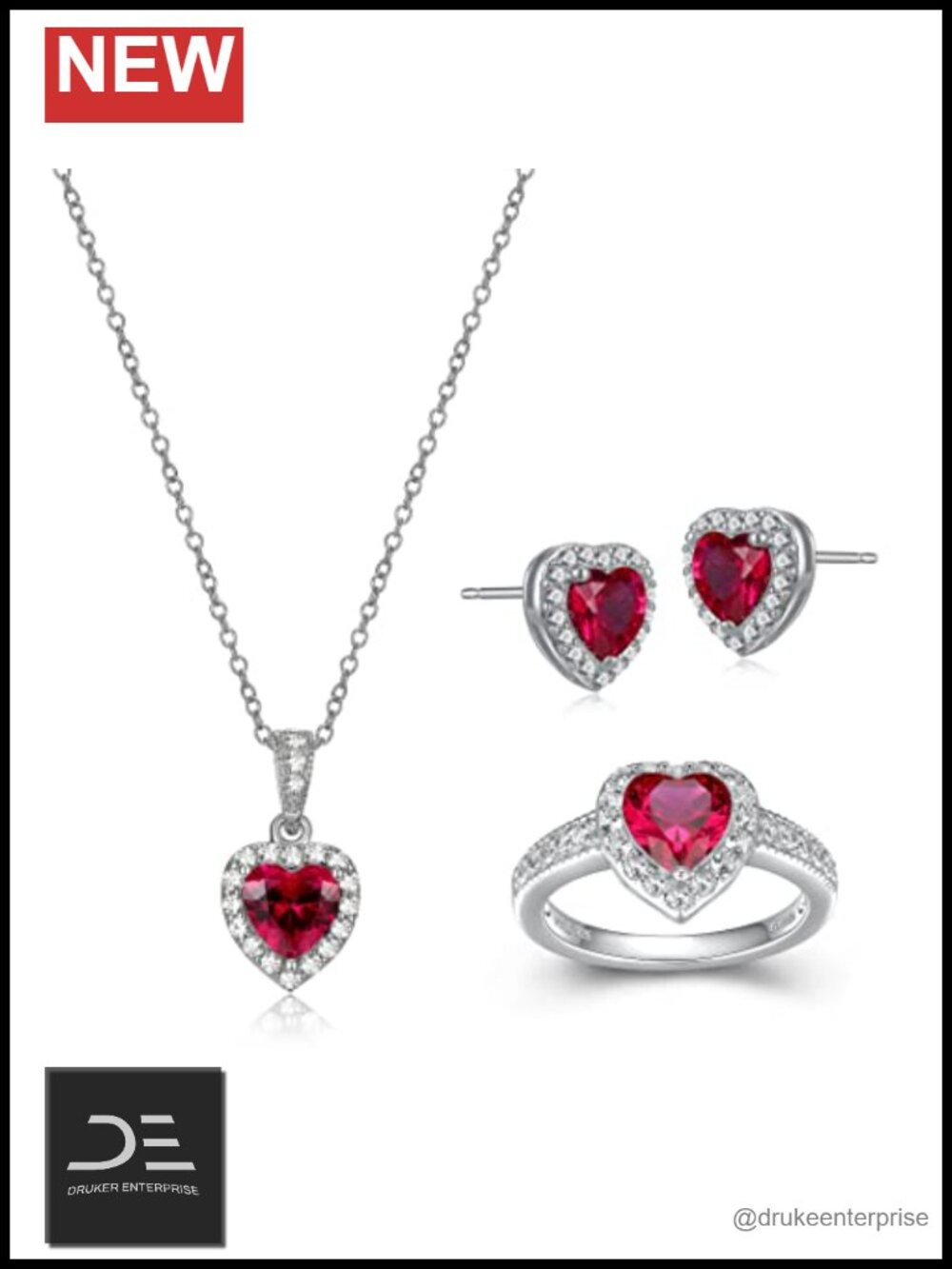 Sterling Silver Created Ruby & White Sapphire Heart Jewelry Set Size 7